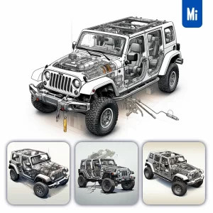 Midjourney Prompt Jeep Wrangler 3D Breakdown Drawing Illustration