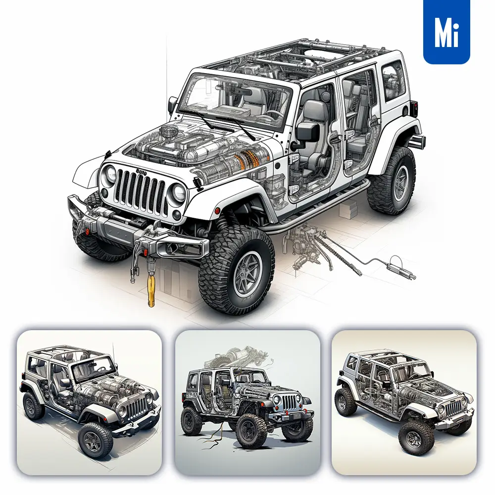 Midjourney Prompt Jeep Wrangler 3D Breakdown Drawing Illustration