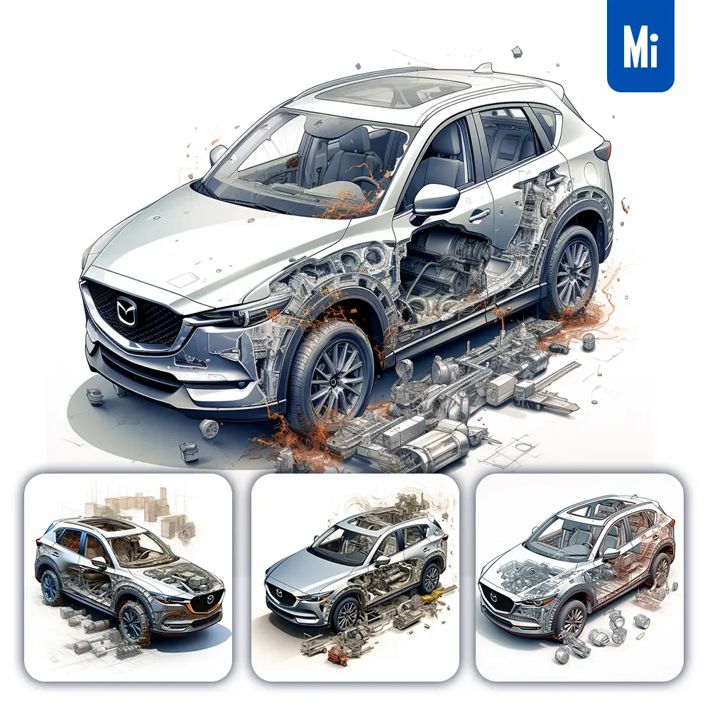 Midjourney Prompt Mazda CX-5 3D Breakdown Drawing Illustration