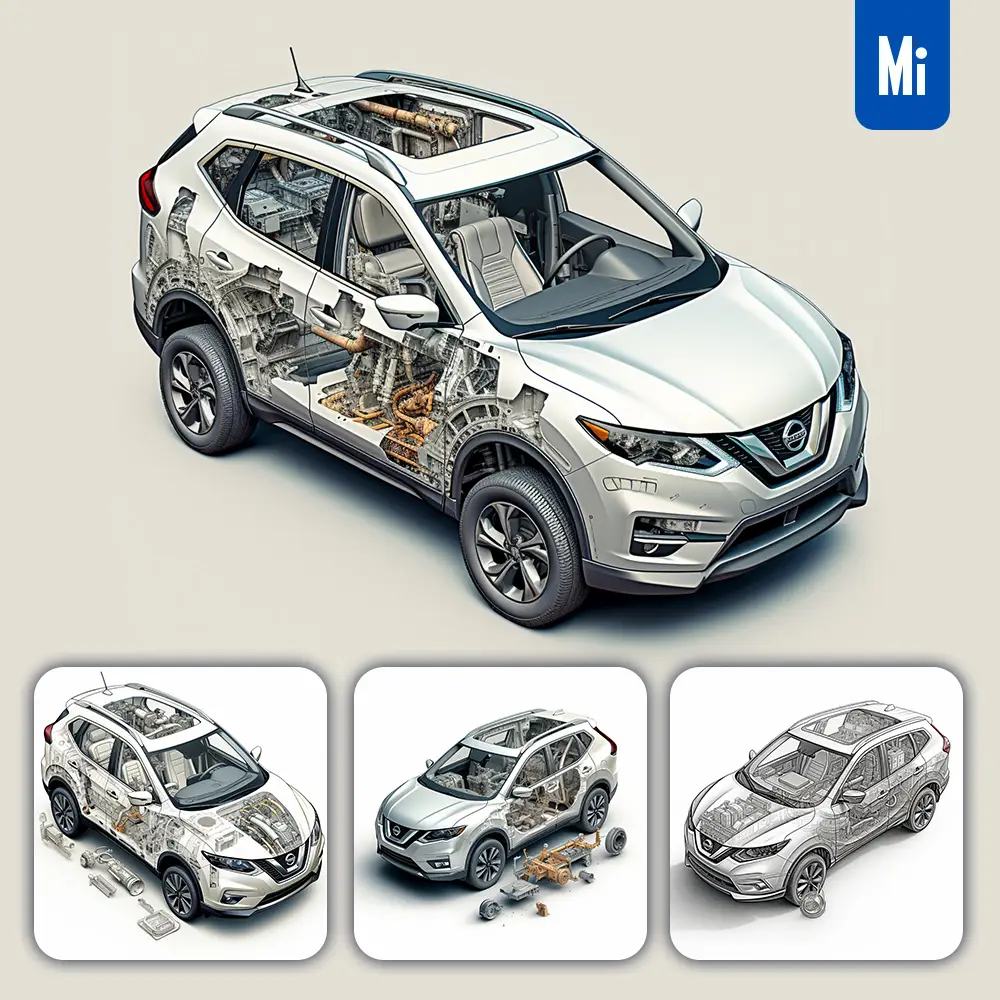 Midjourney Prompt Nissan Rogue 3D Breakdown Drawing Illustration