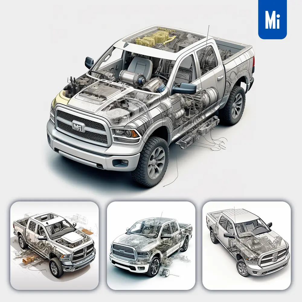 Midjourney Prompt Ram Pickup 3D Breakdown Drawing Illustration