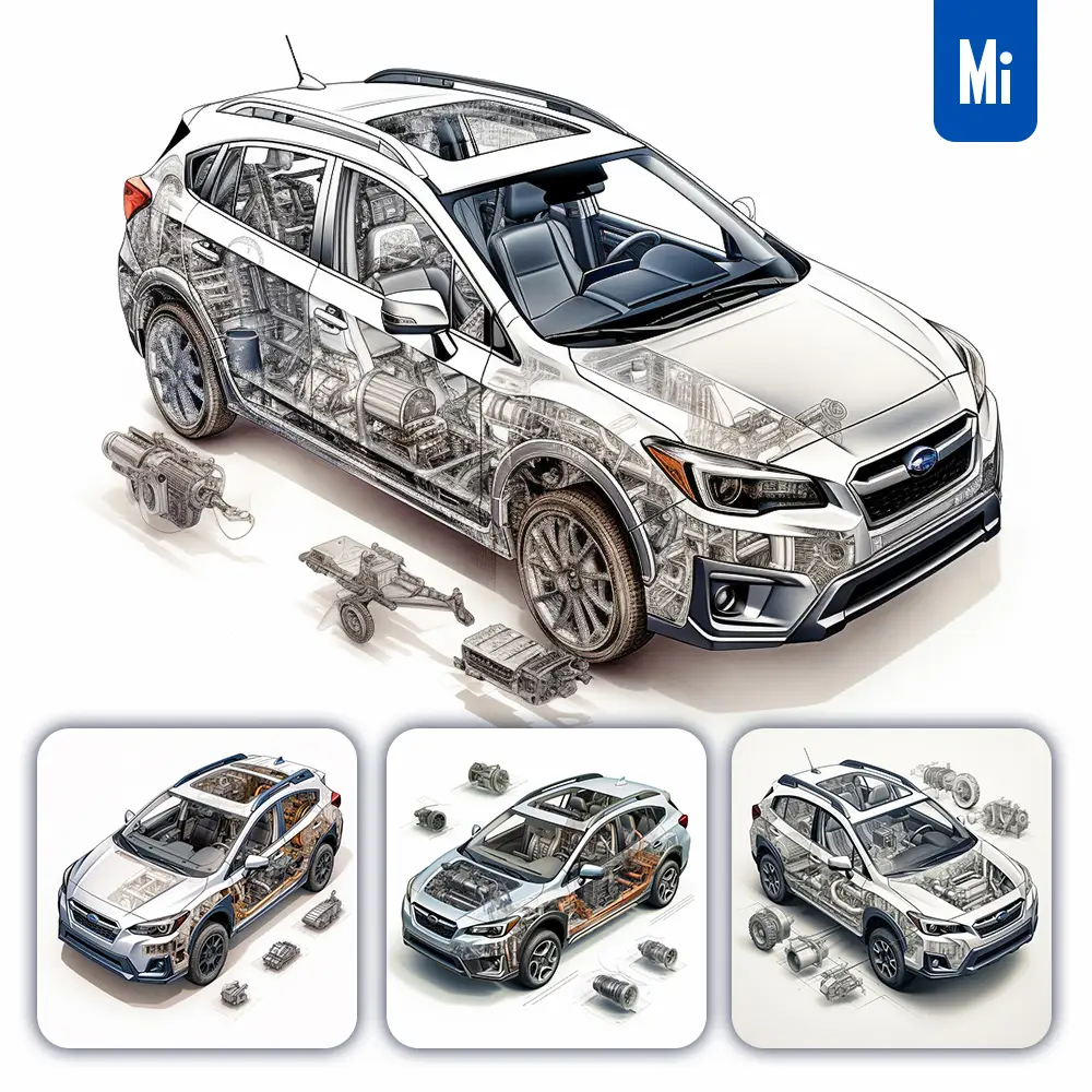 Midjourney Prompt Subaru Crosstrek 3D Breakdown Drawing Illustration