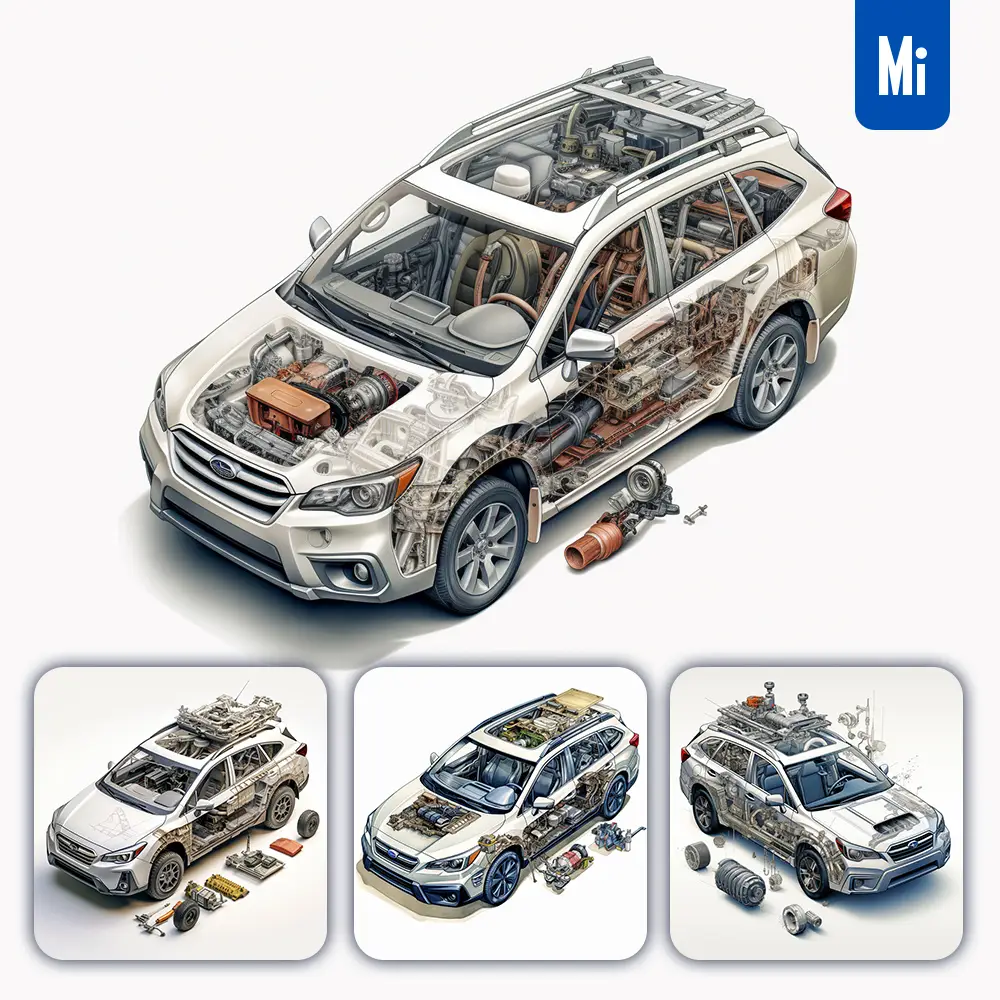 Midjourney Prompt Subaru Outback 3D Breakdown Drawing Illustration
