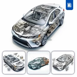 Midjourney Prompt Toyota Corolla 3D Breakdown Drawing Illustration