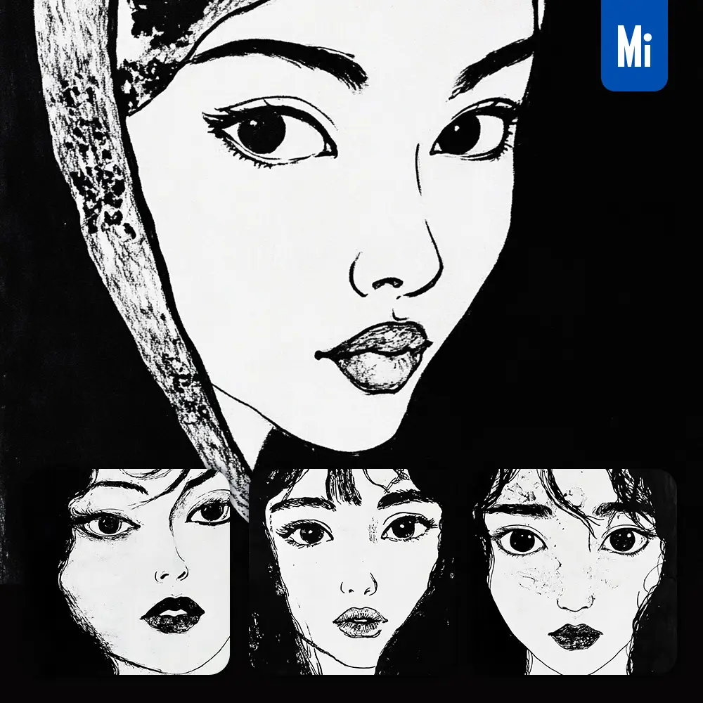 Midjourney Prompt Girl Woman Face Black and White Drawing Sketch