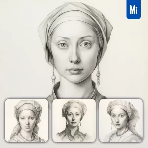 Midjourney Prompt Lady Girl Pencil Drawing Face Head Woman Black and White Sketch