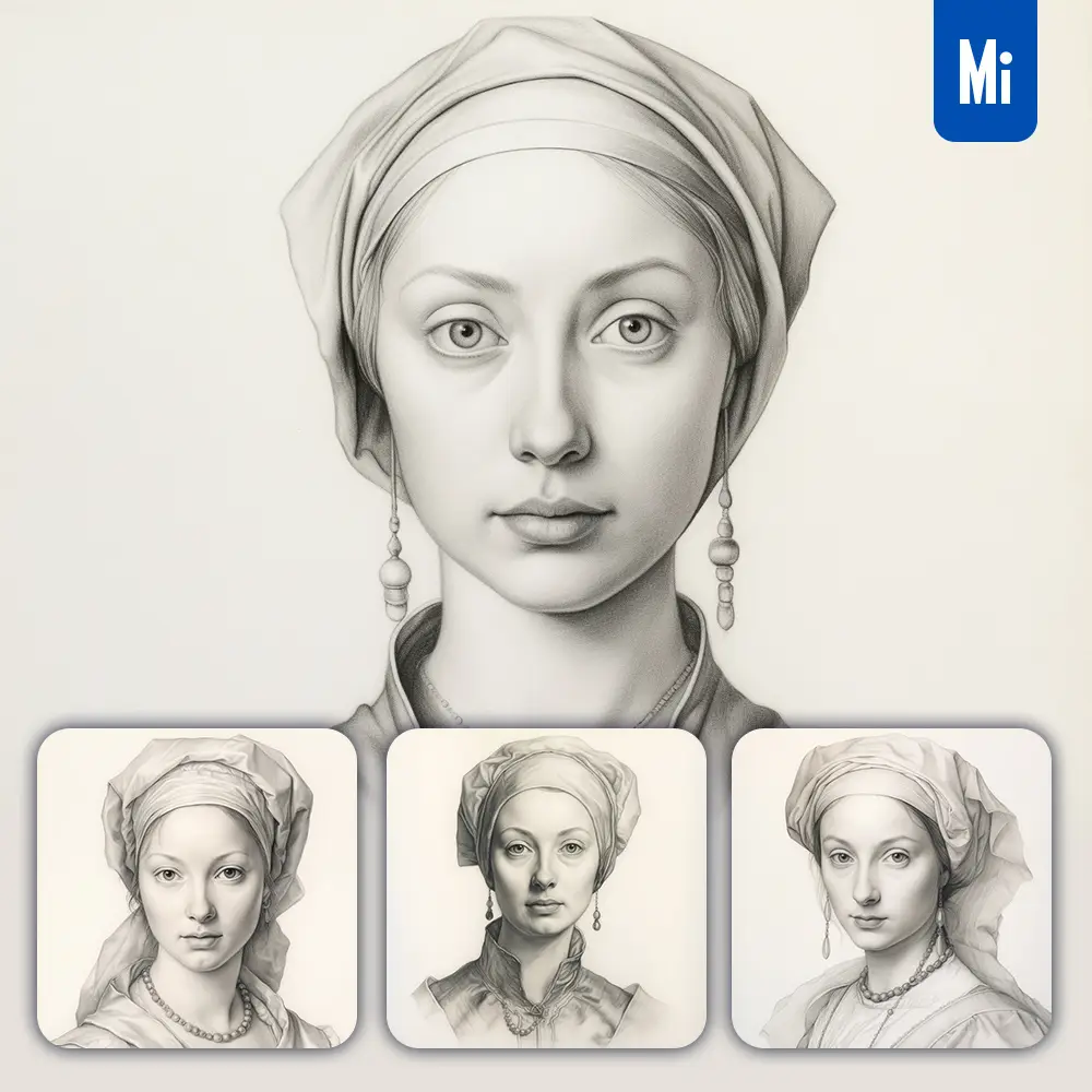 Midjourney Prompt Lady Girl Pencil Drawing Face Head Woman Black and White Sketch