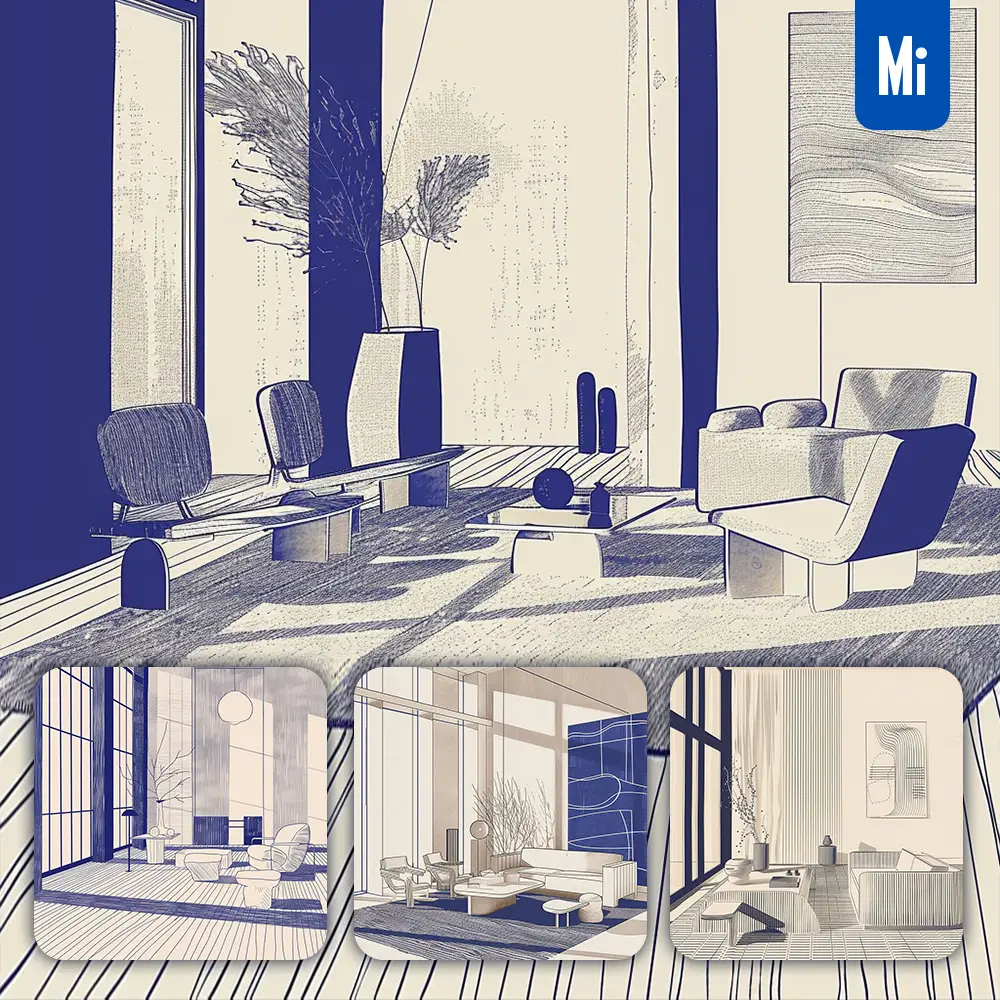 Midjourney Prompt Sleek Furniture Living Room Minimalist Window Home Blue Sketch