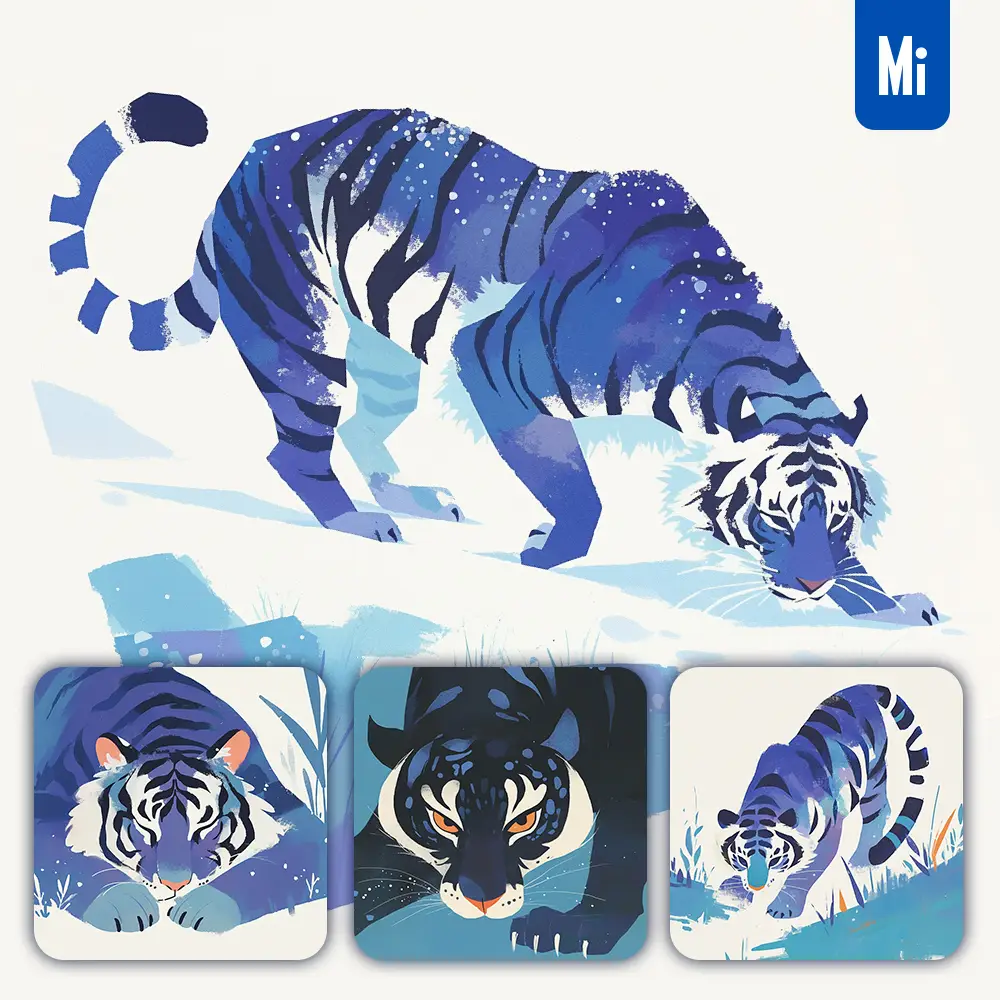 Midjourney Prompt Tiger Illustration Blue Painting Brushwork