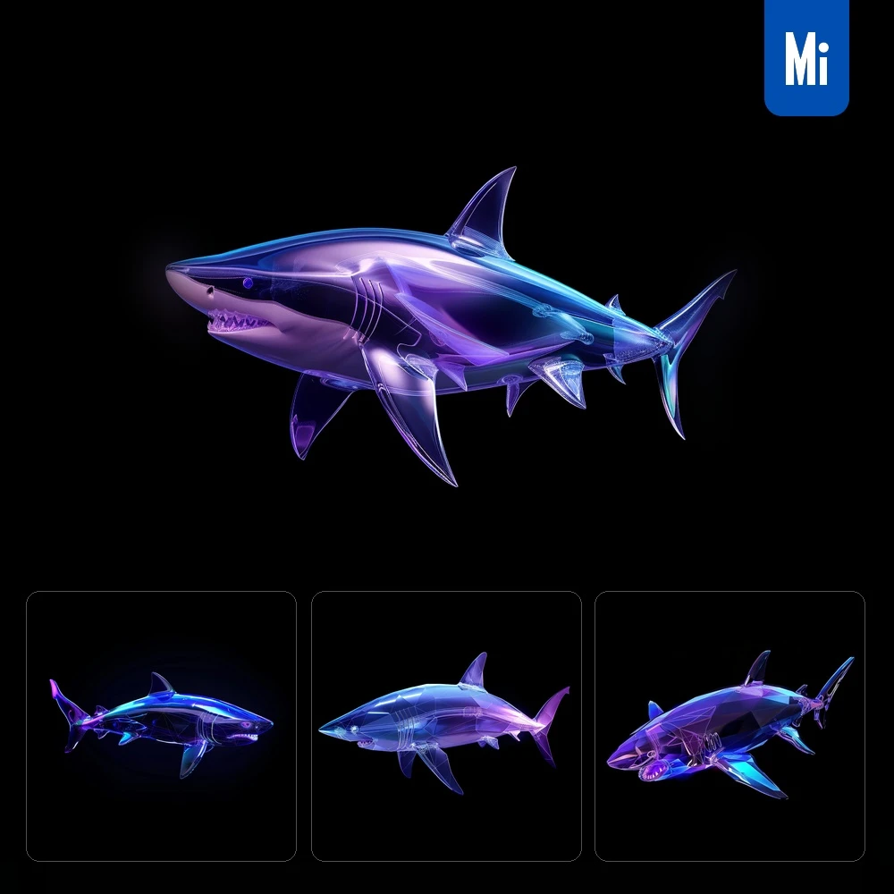 Midjourney Prompt Shark 3D Digital Art Neon Transparent Futuristic
